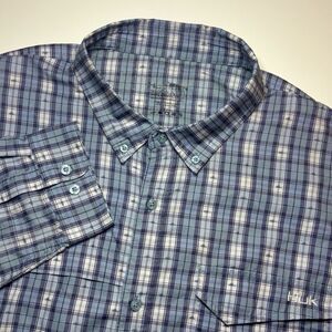 HUK Tide Point Performance Fishing Shirt Long Sleeve Blue Fish AOP Plaid Men XXL